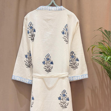 Blue Floral Adult Handblocked Bathrobe | Back View