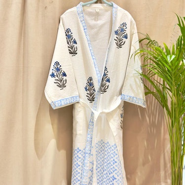 Blue Floral Adult Handblocked Bathrobe | Front View