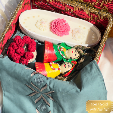 Diwali Premium Hamper – Teal Embroidered Bedding & Special Handcrafted Products by Mothers | overall image