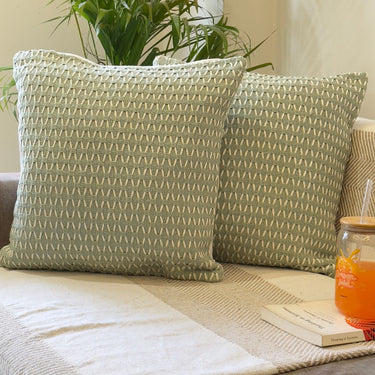 Ocean Green Threadwork Cotton Cushion Cover | Overall View