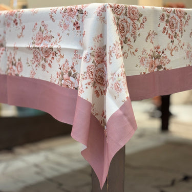 Vintage Blush Pink Floral Cotton Mix Table Cover | side view