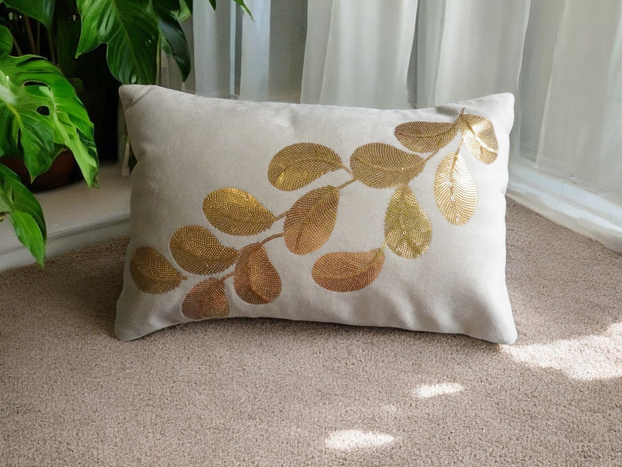 golden leaf sequin cushion cover 12x18 Inch Maeri