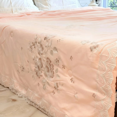 Blush Petal Comforter | Satin Embroidered Floral Comforter in Soft Blush Cream