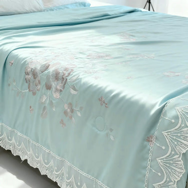 Azure Bloom Comforter | Luxurious Satin Comforter with Golden Floral Embroidery