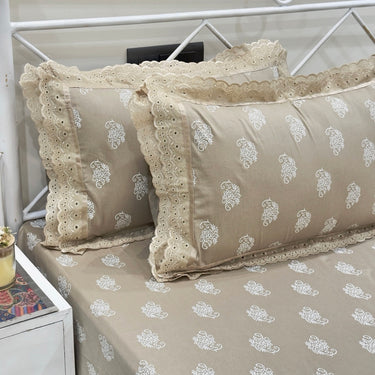 Brown Leaf Double Lace 400TC Bedsheet | King Size