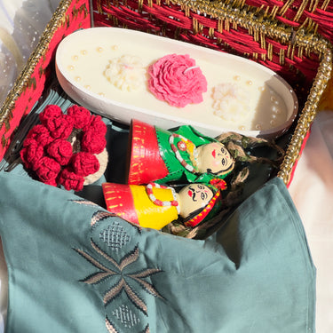 Diwali Premium Hamper – Teal Embroidered Te Bedding & Special Handcrafted Products by Mothers