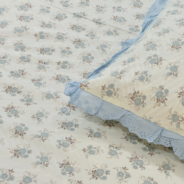 Baby Blue Floral Soft Cotton Feel Double Bed Bedsheet Set with Lace Detailed Pillow Covers (250 x 270 cm) | focus view