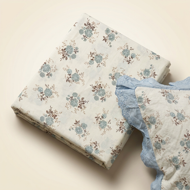 Baby Blue Floral Soft Cotton Feel Double Bed Bedsheet Set with Lace Detailed Pillow Covers (250 x 270 cm) | top studio view