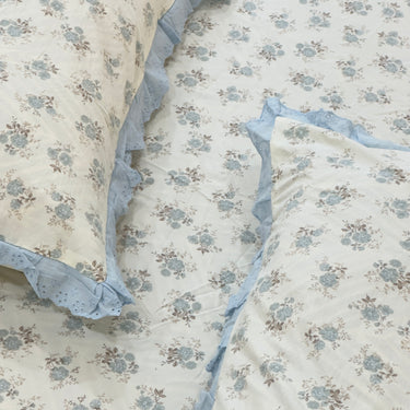 Baby Blue Floral Soft Cotton Feel Double Bed Bedsheet Set with Lace Detailed Pillow Covers (250 x 270 cm) | top view