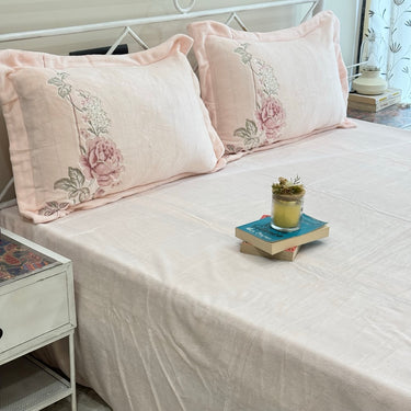 Baby Pink Embroidered Warm Velvet Bedsheet Set | Side view