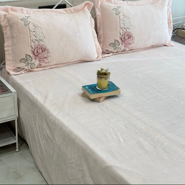 Baby Pink Embroidered Warm Velvet Bedsheet Set | full view
