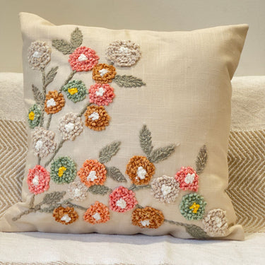 Beige Garden Floral Embroidered Cushion Cover | Front View 