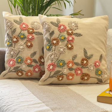 Beige Garden Floral Embroidered Cushion Cover | overall View 