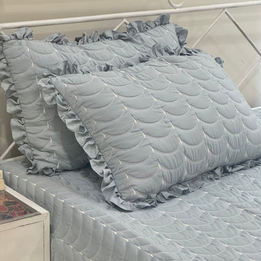 Blue 3-piece quilted bedcover set with frilled pillow covers | pillow view