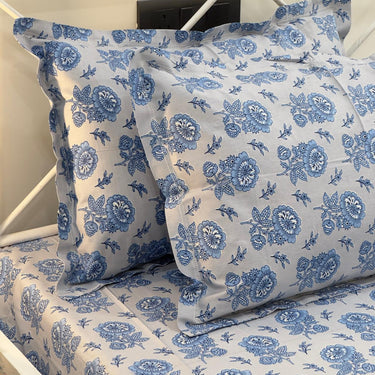 Blue Floral 400 TC Cotton Bedsheet Set focus view