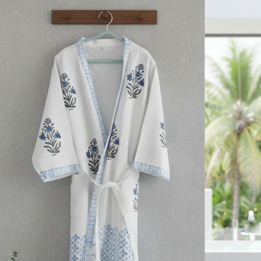 Blue Floral Adult Handblocked Bathrobe | Unisex | front view