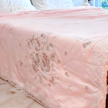 Blush Petal Comforter | Satin Embroidered Floral Comforter in Soft Blush Cream Creative view 