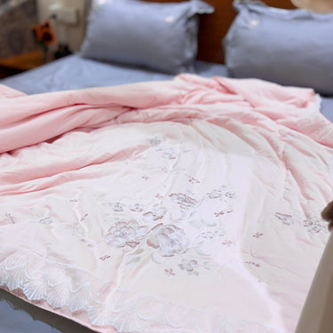 Blush Petal Comforter | Satin Embroidered Floral Comforter in Soft Blush Cream Overall view.