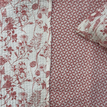 Blush Pink Floral Quilted Reversible Mul Bedcover Set | reversible view
