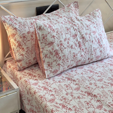 Blush Pink Floral Quilted Reversible Mul Bedcover Set | side view