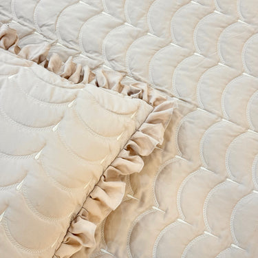 Brown 3-piece quilted bedcover set with frilled pillow covers creative view