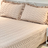 Brown 3-piece quilted bedcover set with frilled pillow covers overall view