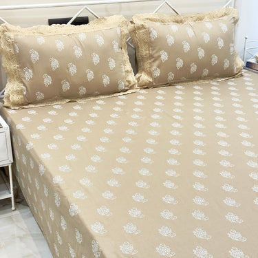 Brown Leaf Double Lace 400TC Bedsheet | King Size | full view