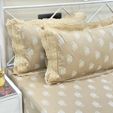 Brown Leaf Double Lace 400TC Bedsheet | King Size