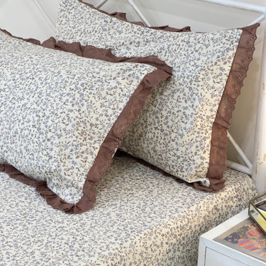 Brown Mauve Floral Soft Cotton Feel Double Bed Bedsheet Set with Lace Detailed Pillow Covers (250 x 270 cm) | pillow view