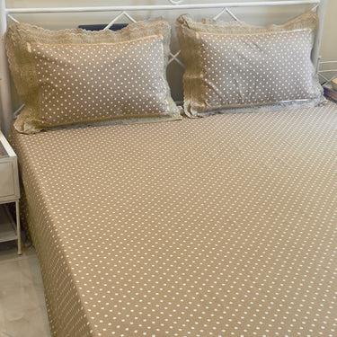Brown Polka Dot Double Lace 400TC Cotton Bedsheet | overall view