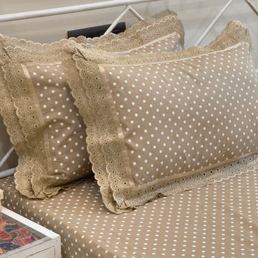Brown Polka Dot Double Lace 400TC Cotton Bedsheet | pillow view