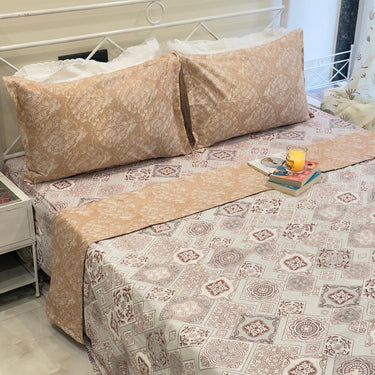Brown Vintage Tile Motifs Pure Cotton Bedsheet Dohar Ser | Overall View