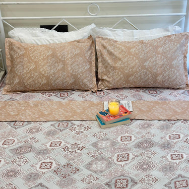 Brown Vintage Tile Motifs Pure Cotton Bedsheet Dohar Ser | Top View