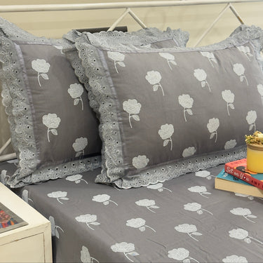 Charcoal Grey floral Double Lace 400TC Bedsheet | King Size | side view