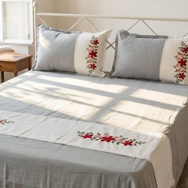 Cloud Grey Embroidered Pure Cotton Linen Bedsheet | 110 X 110 overall view.