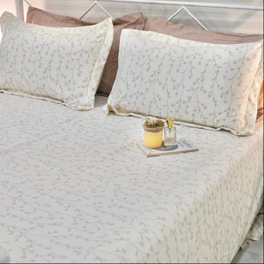 Cream-Brown Leafy King Size Bedsheet Set (5 Pieces) with 4 Pillow Covers | full view