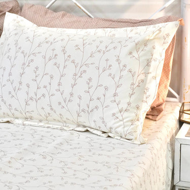 Cream-Brown Leafy King Size Bedsheet Set (5 Pieces) with 4 Pillow Covers | side view