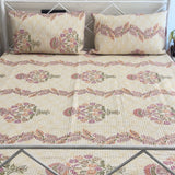 Cream floral buta jaipuri print quilted bedcover | front view