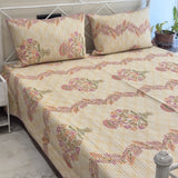 Cream floral buta jaipuri print quilted bedcover | overall view