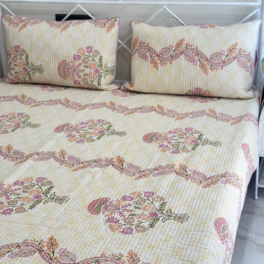 Cream floral buta jaipuri print quilted bedcover | side view