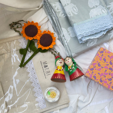 Diwali Hamper – Green Elephant bedsheet & Special Handcrafted Products by Mothers | overall jute hamper image
