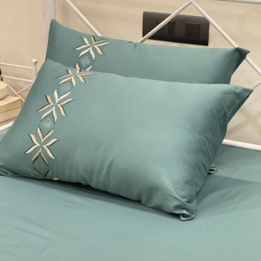 Elegant Teal Embroidered Cotton Bedsheet Set with Pillow Covers – Soft, Stylish & Durable close up 