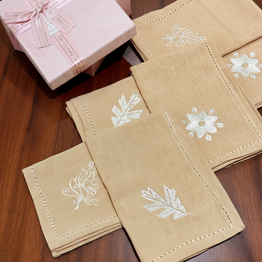 Embroidered Beige Floral Napkin Gift Set | Box of 6 - all view