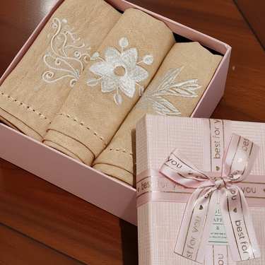Embroidered Beige Floral Napkin Gift Set | Box of 6 - side view