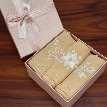 Embroidered Beige Floral Napkin Gift Set | Box of 6 - top view