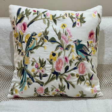 Floral Bird Embroidered Cotton Cushion – Single Piece focus view