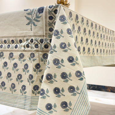 Floral Harmony Hand Block Cotton Table Cover | Close View