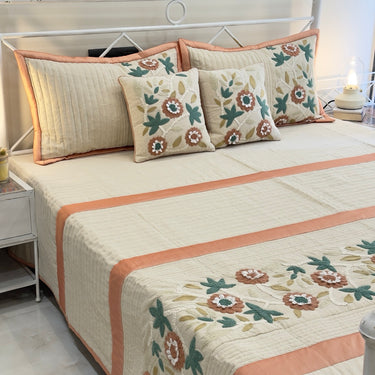 Floral Quilted Embroidered Bedcover Set | front view