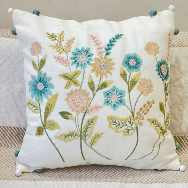 Green Floral Embroidered Cushion Cover | Front View