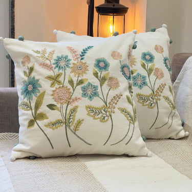 Green Floral Embroidered Cushion Cover | Overall View